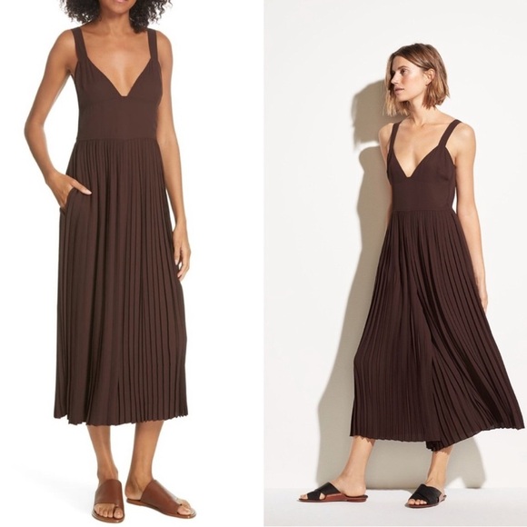 Vince Brown Pleated Culotte Wide Leg V Neck Jumpsuit in Black Walnut Size 6 - Picture 1 of 11